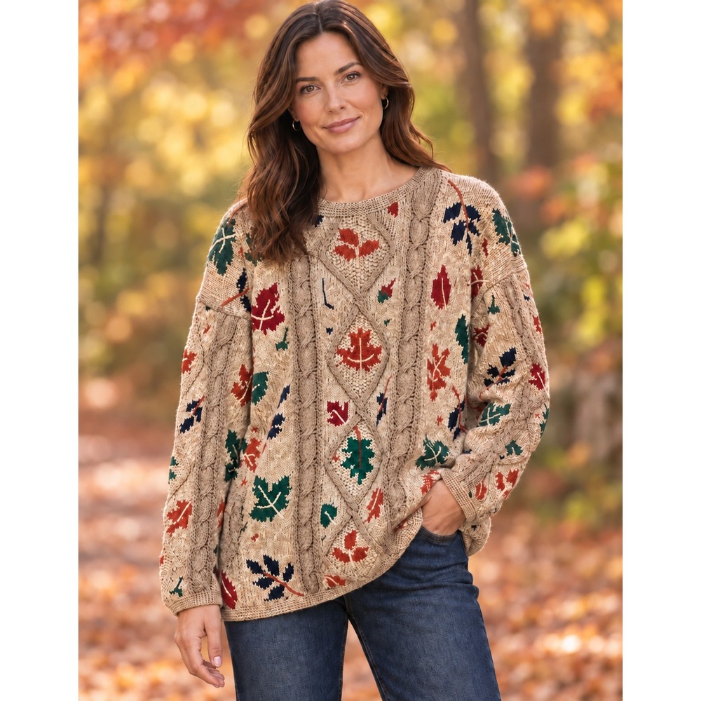 Nomadic Traders Womens Hand Knitted Leaf Cable Knit Sweater Tan Multi Size L